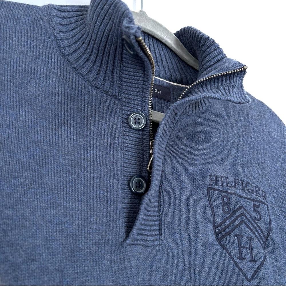 Tommy Hilfiger Sweater Quarter Zip Mock Neck Crest Logo Navy Blue Men’s Large